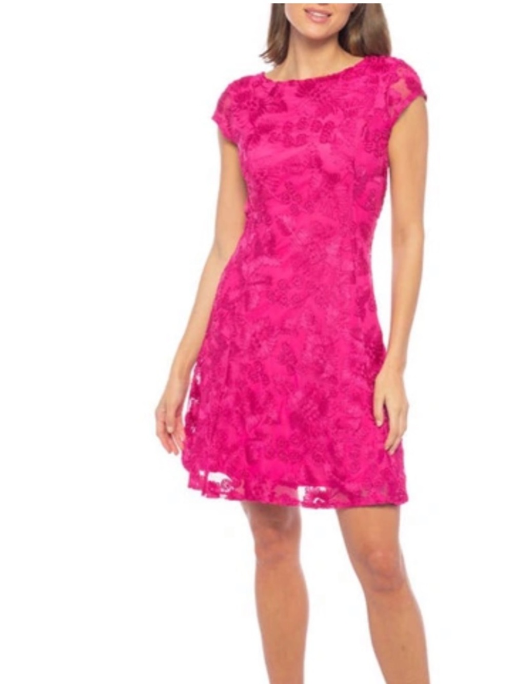 MARINA Embroidered Cap Sleeve Fit & Flare Dress In Fuchsia Pink Stretch Size XL